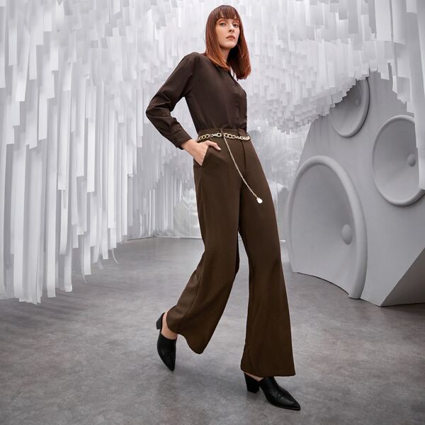 

High Waist Solid Straight Leg Pants, Coffee brown
