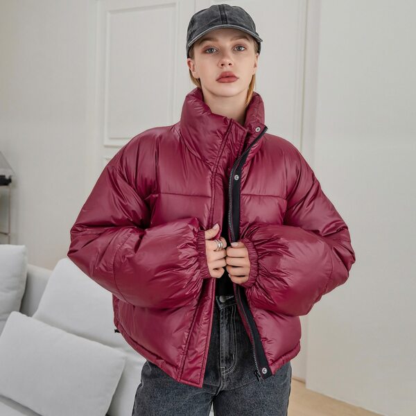 

High Neck Solid Puffer Coat, Rose red