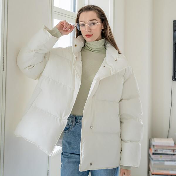 

Solid Button Up Winter Coat, White