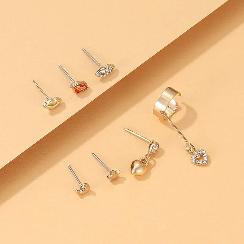 

7pcs Rhinestone Decor Earrings, Gold