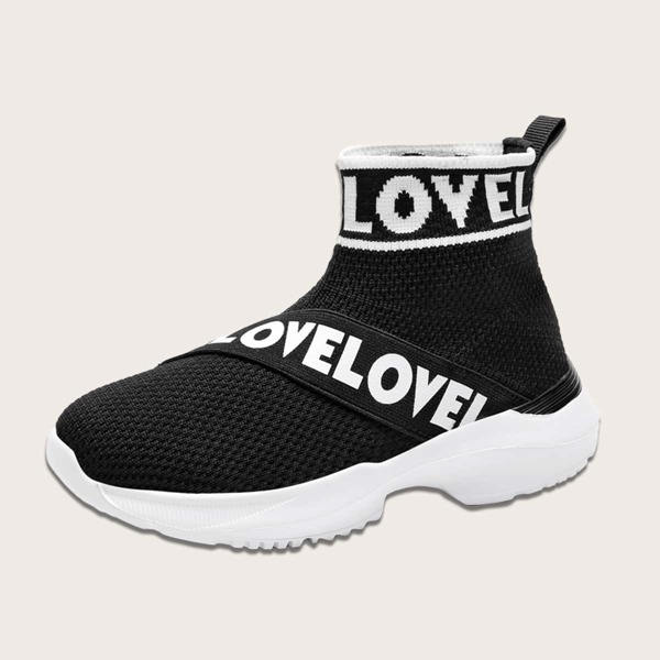 

Boys Letter Graphic Knit Slip On Sneakers, Black and white