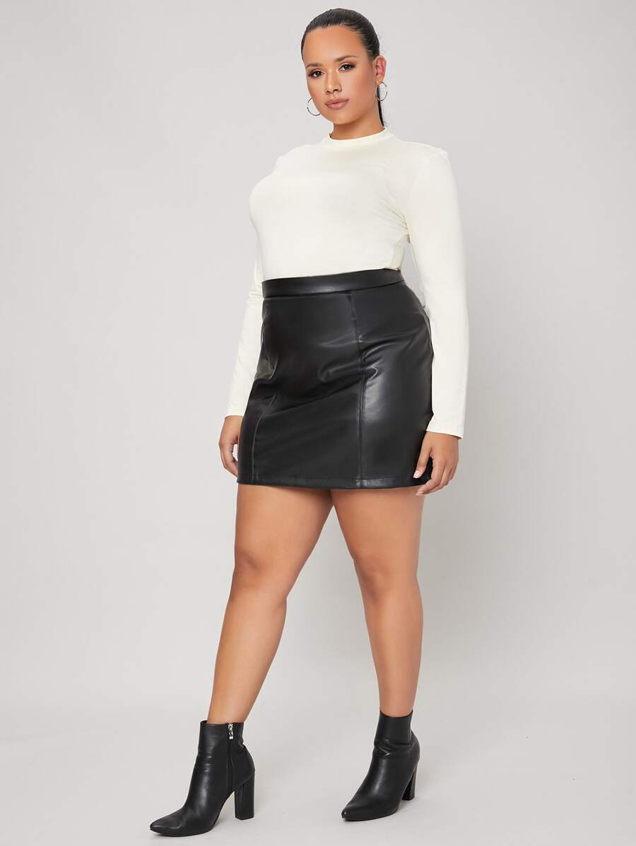 SHEIN Privé Plus High Waist PU Leather Skirt - Black - View 1
