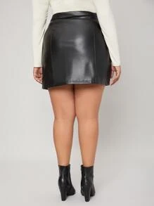 SHEIN Privé Plus High Waist PU Leather Skirt - Black - View 2