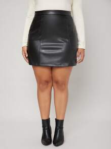 SHEIN Privé Plus High Waist PU Leather Skirt - Black - View 6