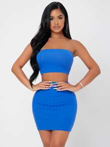 SHEIN PETITE Solid Rib Knit Tube Top & Bodycon Skirt Set - Royal Blue - View 1