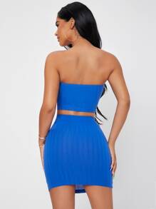 SHEIN PETITE Solid Rib Knit Tube Top & Bodycon Skirt Set - Royal Blue - View 2