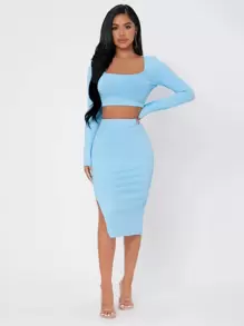 SHEIN PETITE Ribbed Knit Crop Top & High Waist Split Thigh Skirt - Baby Blue - View 1
