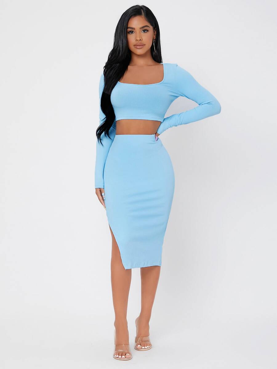 SHEIN PETITE Ribbed Knit Crop Top & High Waist Split Thigh Skirt - Baby Blue - View 1