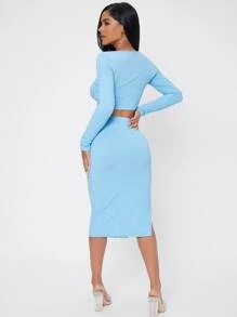 SHEIN PETITE Ribbed Knit Crop Top & High Waist Split Thigh Skirt - Baby Blue - View 2