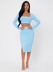 SHEIN PETITE Ribbed Knit Crop Top & High Waist Split Thigh Skirt - Baby Blue - View 3