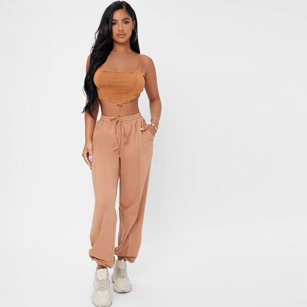 

Stitch Trim Cami Crop Top & Drawstring Waist Pants Set, Apricot