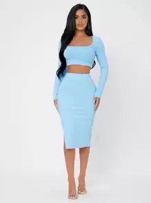 SHEIN PETITE Ribbed Knit Crop Top & High Waist Split Thigh Skirt - Baby Blue - View 4