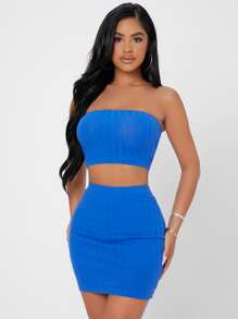 SHEIN PETITE Solid Rib Knit Tube Top & Bodycon Skirt Set - Royal Blue - View 5