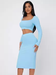 SHEIN PETITE Ribbed Knit Crop Top & High Waist Split Thigh Skirt - Baby Blue - View 5