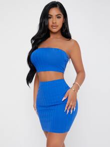 SHEIN PETITE Solid Rib Knit Tube Top & Bodycon Skirt Set - Royal Blue - View 6