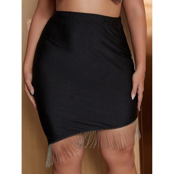 

Plus Rhinestone Fringe Hem Bodycon Skirt, Black