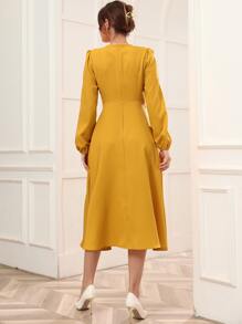 Modelyn 交疊領燈籠袖繫腰帶連衣裙 - 黃色 - 查看 2