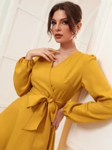 Modelyn 交疊領燈籠袖繫腰帶連衣裙 - 黃色 - 查看 7