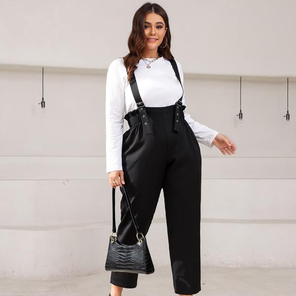 

Plus Grommet Buckled Paper Bag Waist Overall Jumpsuit, Black