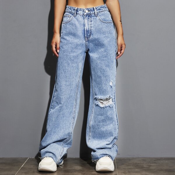 

Ripped Raw Hem Wide Leg Jeans, Medium wash