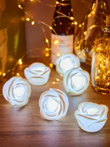 6 piezas de flores de rosa iluminadas con LED, rosas decorativas de ambiente. Decoración de proposición, decoración de hogar, decoración de mesa, decoración de habitación, decoración de fiestas. - Blanco - Ver 7