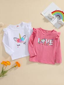 Niñitas 2 piezas Camiseta con estampado de slogan y dibujos animados ribete con fruncido - Multicolor - Ver 1