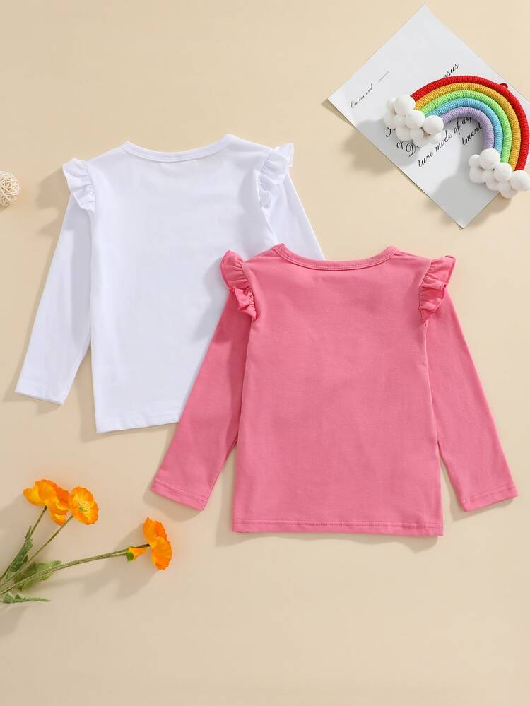 Niñitas 2 piezas Camiseta con estampado de slogan y dibujos animados ribete con fruncido - Multicolor - Añade 2