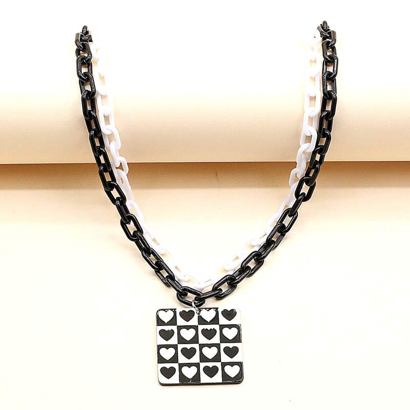 

Heart Graphic Layered Chain Necklace, Black and white