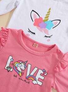 Niñitas 2 piezas Camiseta con estampado de slogan y dibujos animados ribete con fruncido - Multicolor - Ver 3