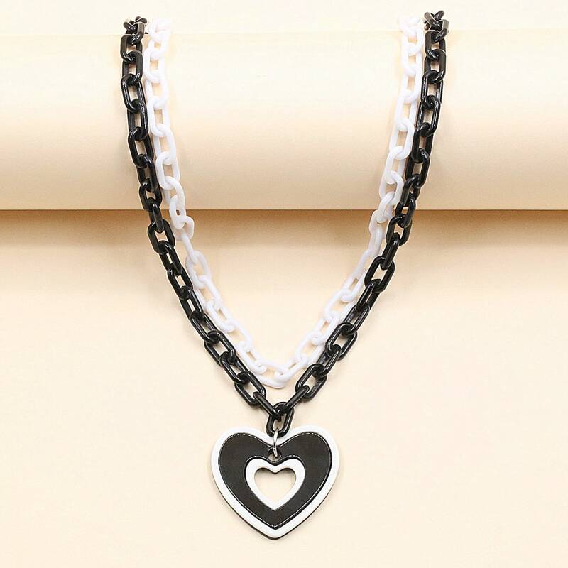 

Heart Decor Layered Chain Necklace, Black and white
