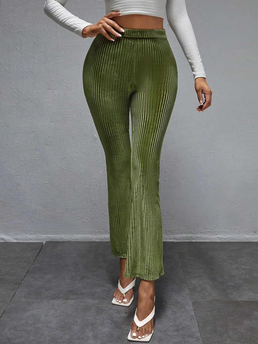 SHEIN Tall High Waist Velvet Flare Leg Trousers - Olive Green - View 1