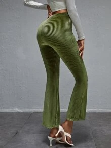 SHEIN Tall High Waist Velvet Flare Leg Trousers - Olive Green - View 2