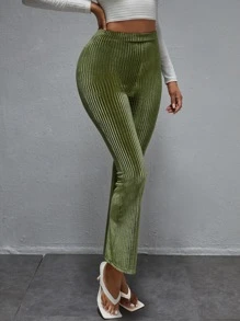 SHEIN Tall High Waist Velvet Flare Leg Trousers - Olive Green - View 3