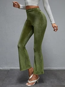 SHEIN Tall High Waist Velvet Flare Leg Trousers - Olive Green - View 4
