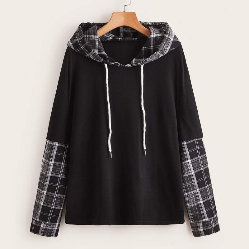 

2 In 1 Plaid Drawstring Hoodie, Black and white