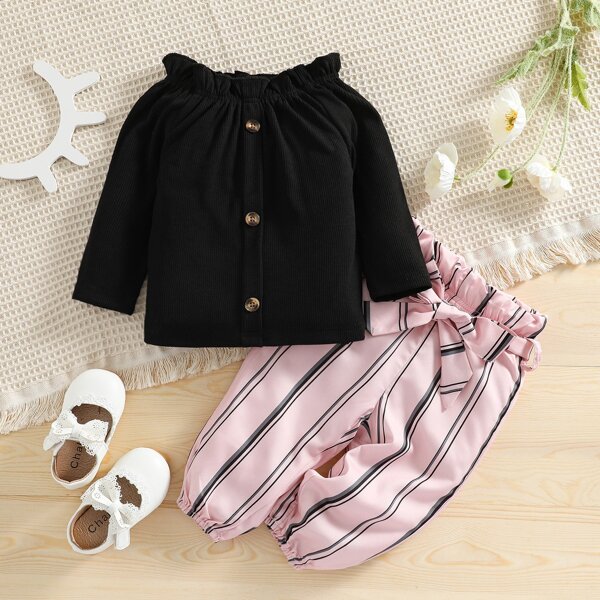 

Baby Ribbed Knit Button Detail Frill Trim Top & Striped Print Paperbag Waist Pants, Multicolor