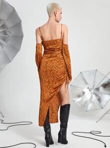SHEIN Unity 滿版印花前繫帶抽繩褶邊不對稱下擺吊帶連衣裙 - 薑色 - 查看 2