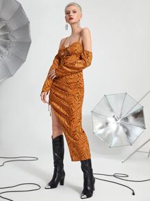 SHEIN Unity 滿版印花前繫帶抽繩褶邊不對稱下擺吊帶連衣裙 - 薑色 - 查看 5