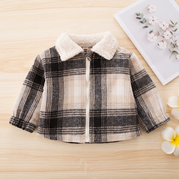 

Baby Teddy Collar Plaid Zip Up Coat, Multicolor