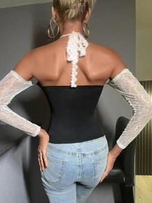 SHEIN BAE Contrast Lace Panel Halter Top - Black and White - View 2