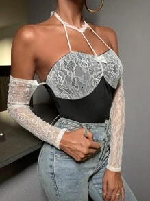 SHEIN BAE Contrast Lace Panel Halter Top - Black and White - View 3