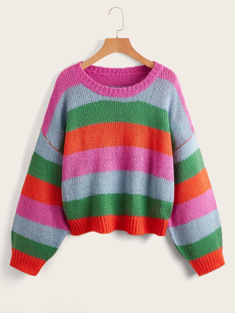 Drop Shoulder Colorblock Striped Sweater - Multicolor - View 1