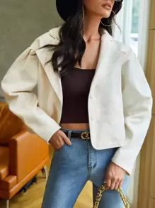 SHEIN EZwear Áo khoác ngoài nữ Nút phía trước màu trơn Giải trí - Màu be - Xem 1