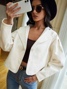 SHEIN EZwear Áo khoác ngoài nữ Nút phía trước màu trơn Giải trí - Màu be - Xem 3