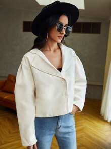 SHEIN EZwear Áo khoác ngoài nữ Nút phía trước màu trơn Giải trí - Màu be - Xem 5