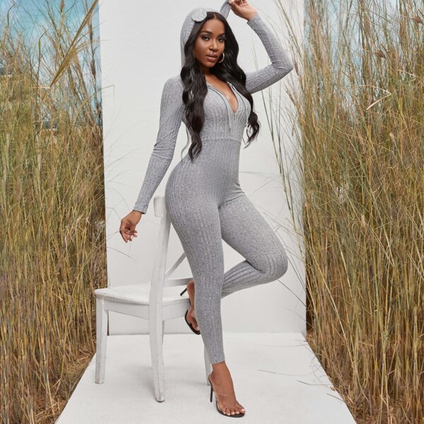 

Quarter Zipper Drawstring Hooded Skinny Jumpsuit, Grey