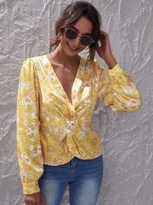 Allover Print Twist Front Lantern Sleeve Blouse - Yellow - View 1