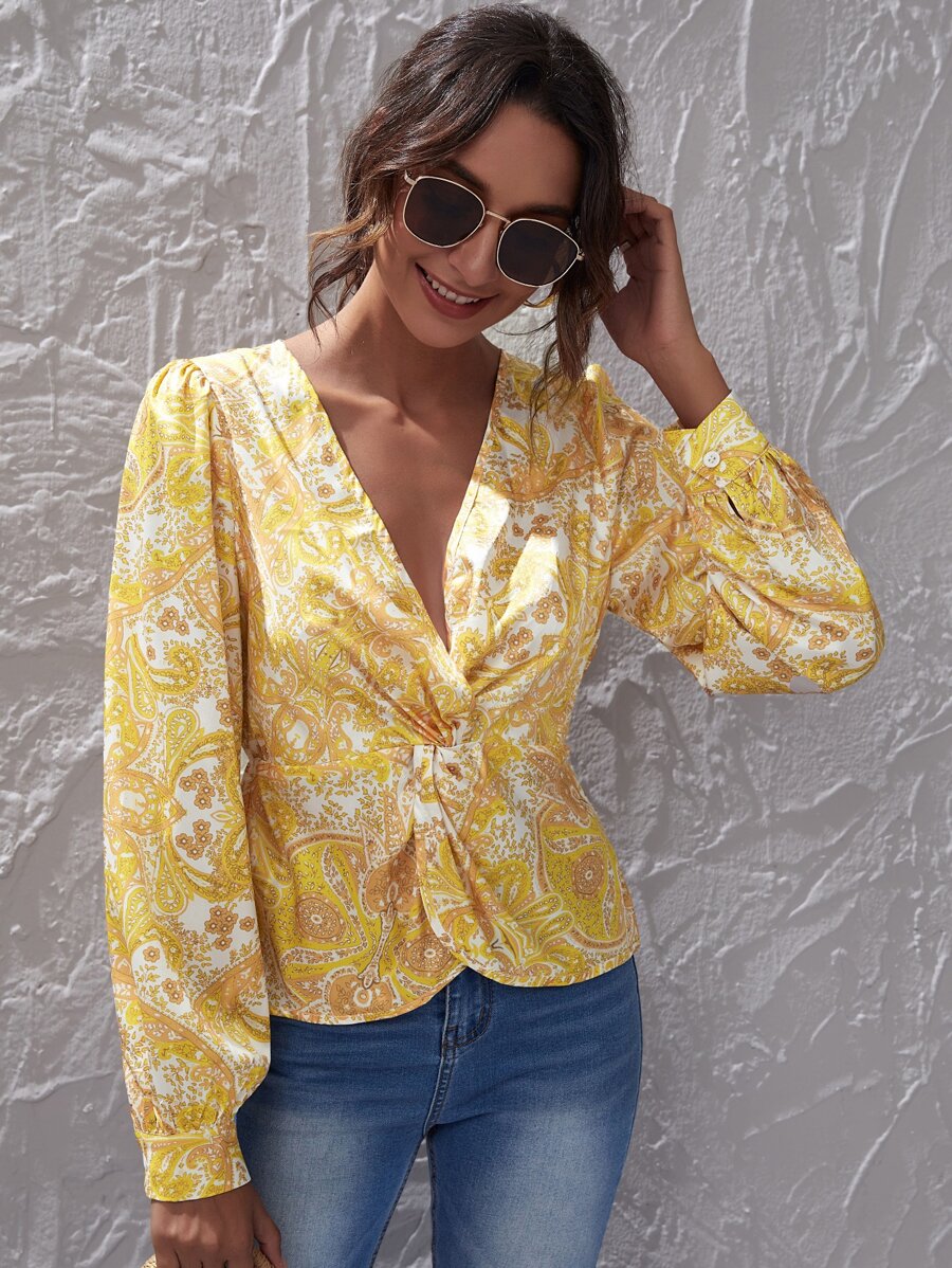 Allover Print Twist Front Lantern Sleeve Blouse - Yellow - View 1