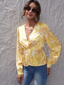 Allover Print Twist Front Lantern Sleeve Blouse - Yellow - View 3
