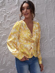 Allover Print Twist Front Lantern Sleeve Blouse - Yellow - View 4
